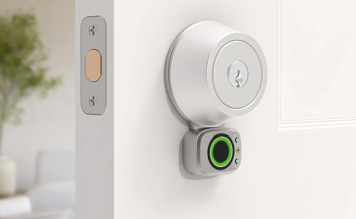 A Lockly retrofit smart lock.