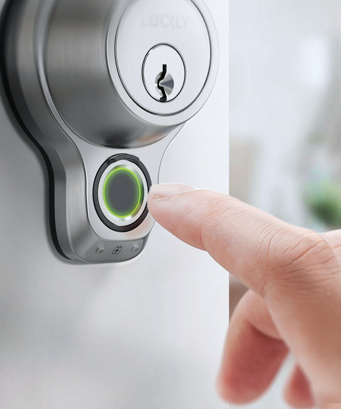 Person using their finger to open Lockly smart deadbolt