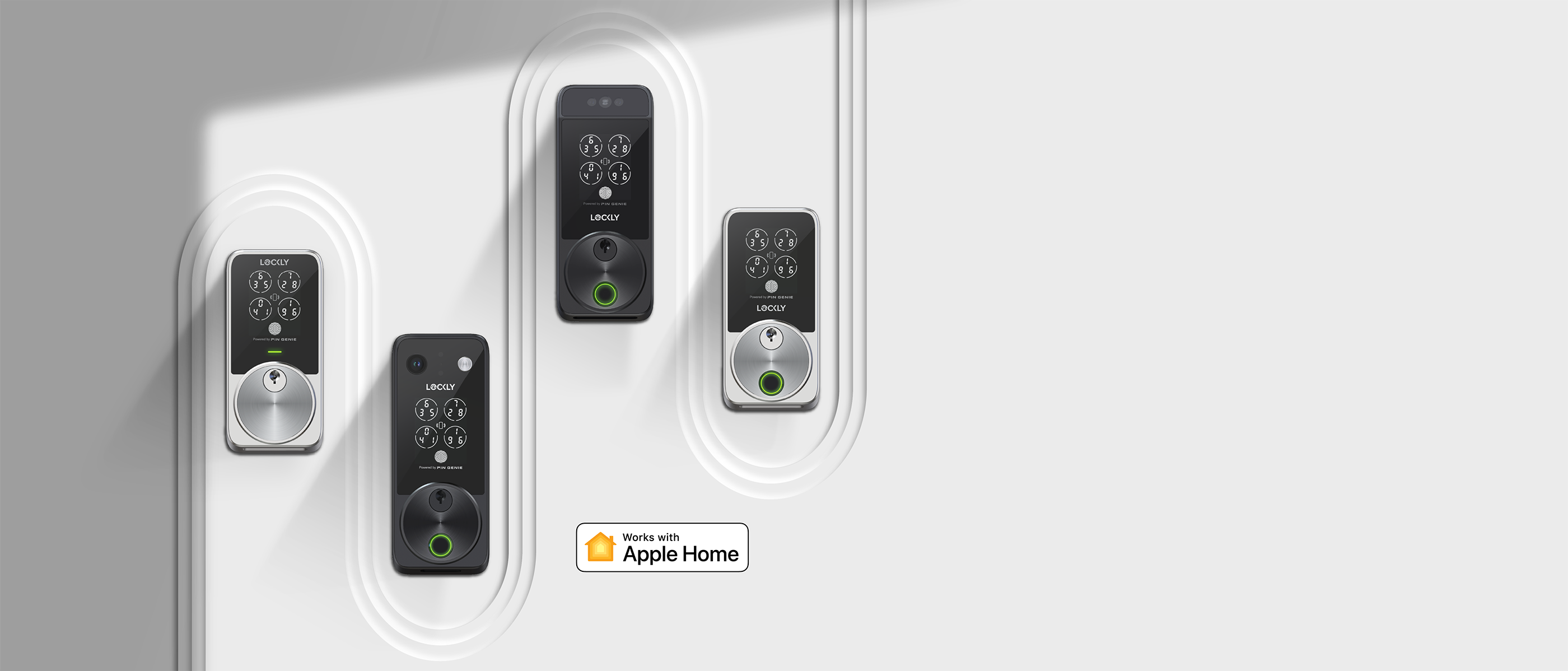 4 Lockly Smart locks on a white wall with a "works with Apple Home" banner