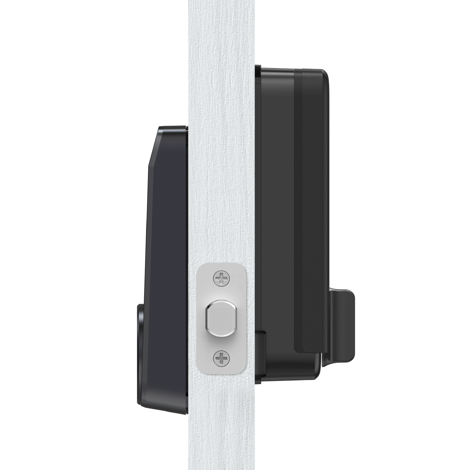 Black door handle on a white door