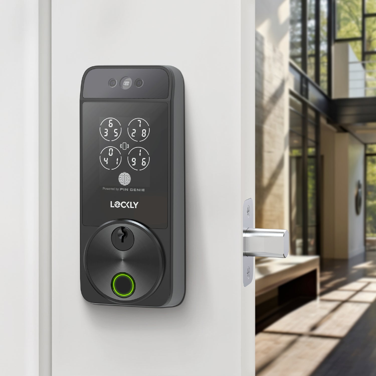 Smart door lock on a white wall with a modern building exterior in the background