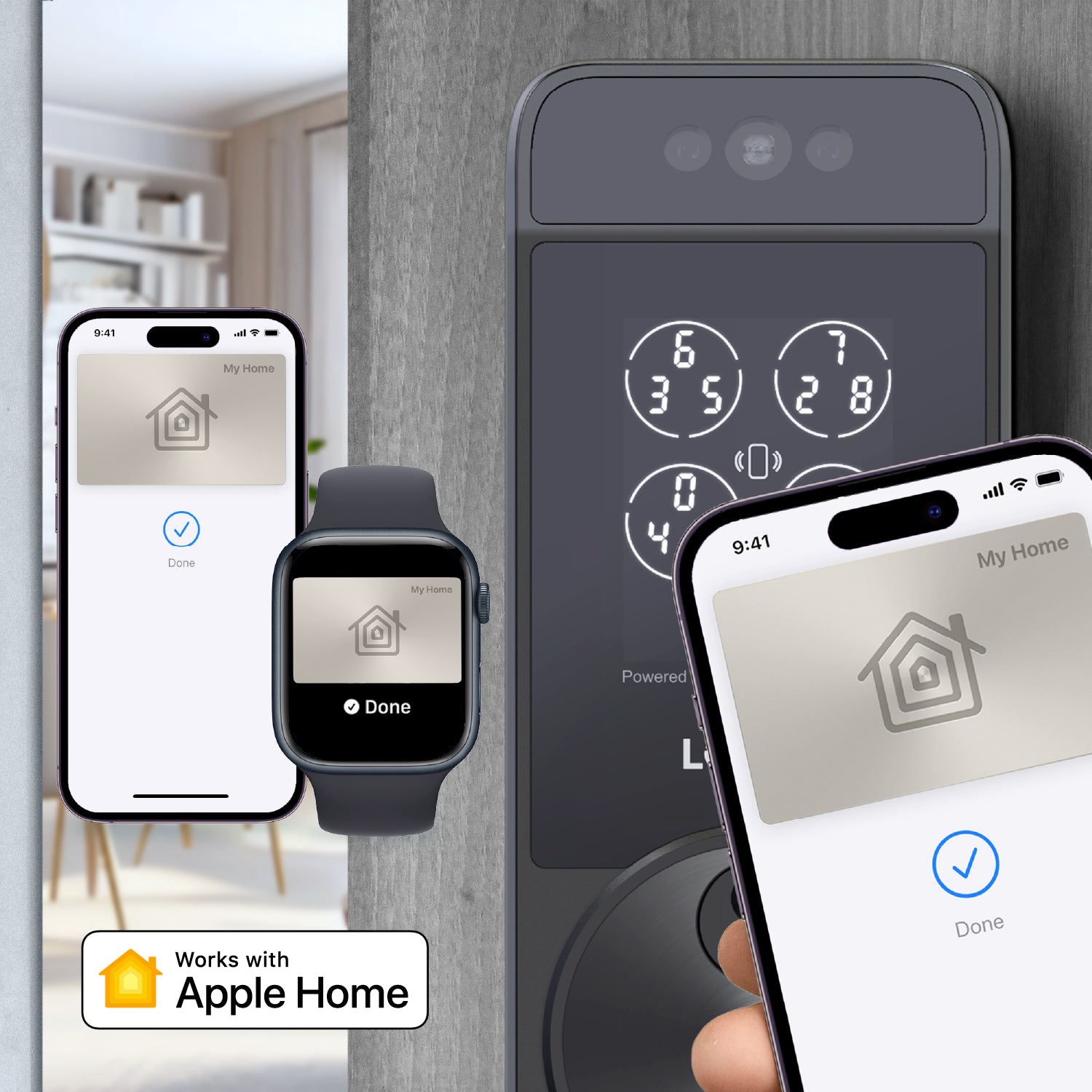 Smart lock system with smartphone, smartwatch, and home screen app on a gray background.