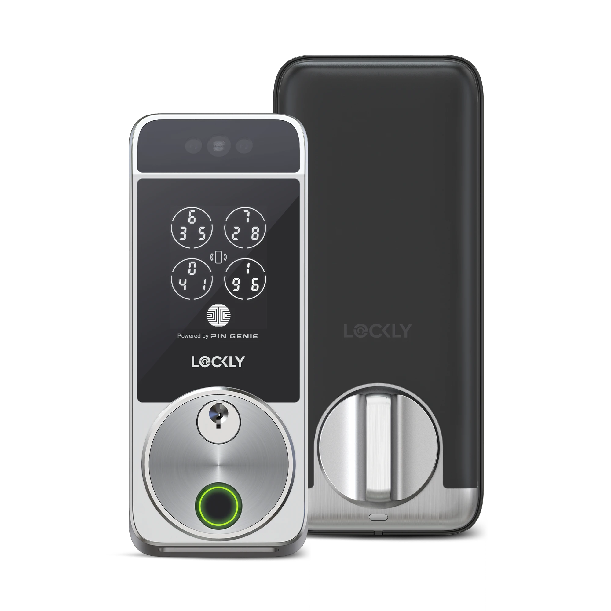 Smart door lock with digital keypad and LOCKLY branding on a white background