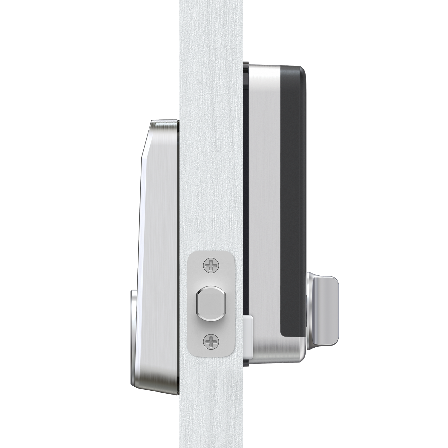 Close-up of a modern door handle on a white door