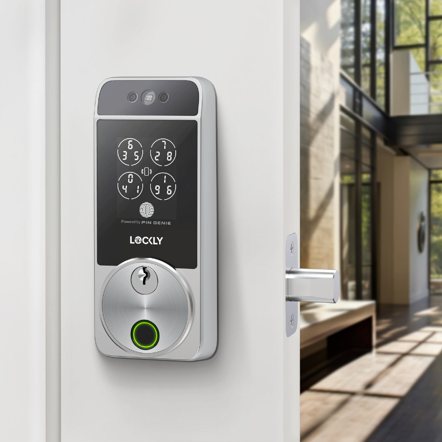 Smart door lock with keypad on a white door, modern building exterior in the background