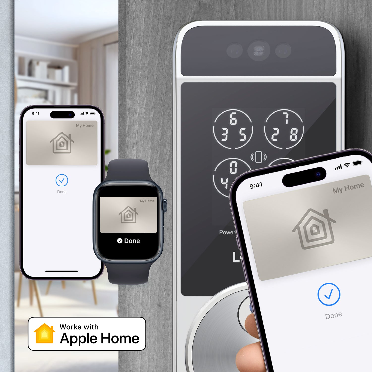 Smart home control system with smartphone, smartwatch, and keypad displayed.
