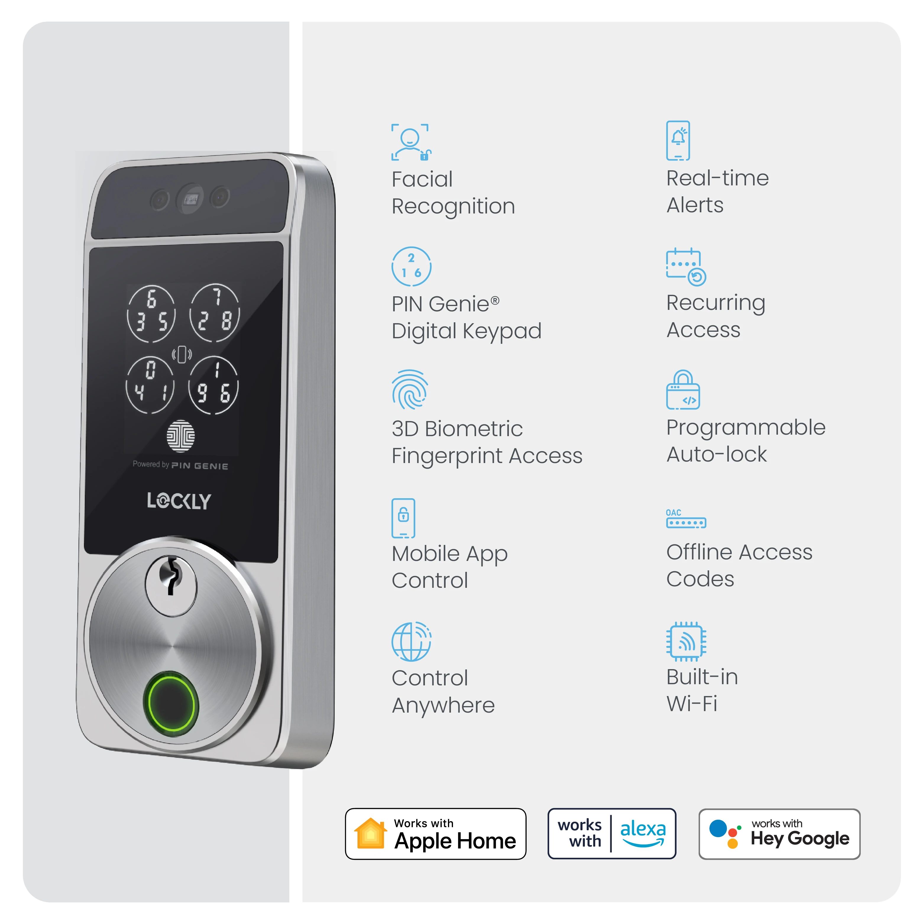 Smart lock with features listed on a white background
