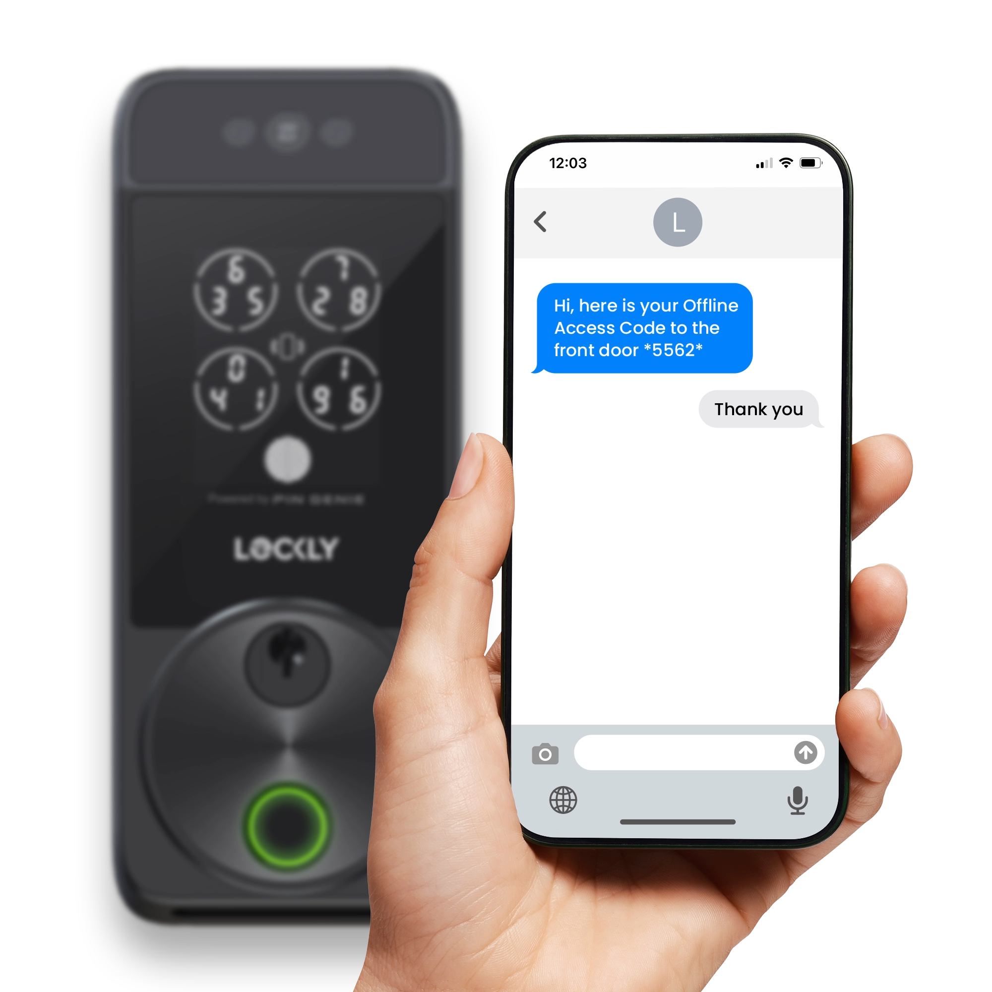 Picture of smart phone text showing one person giving the code to another for Lockly Smart Lock