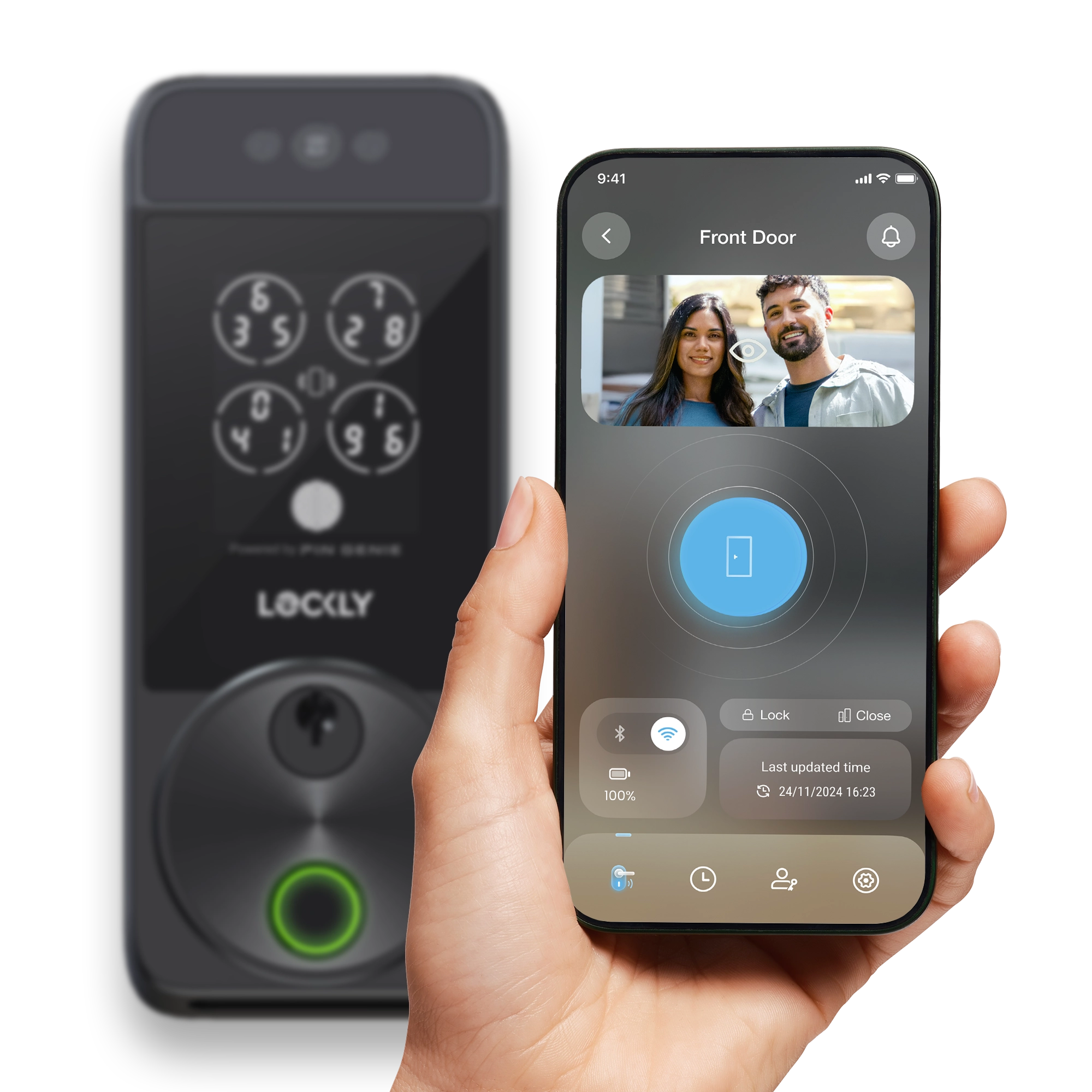 Picture of a smartphone open with Lockly app showing video view of the door lock