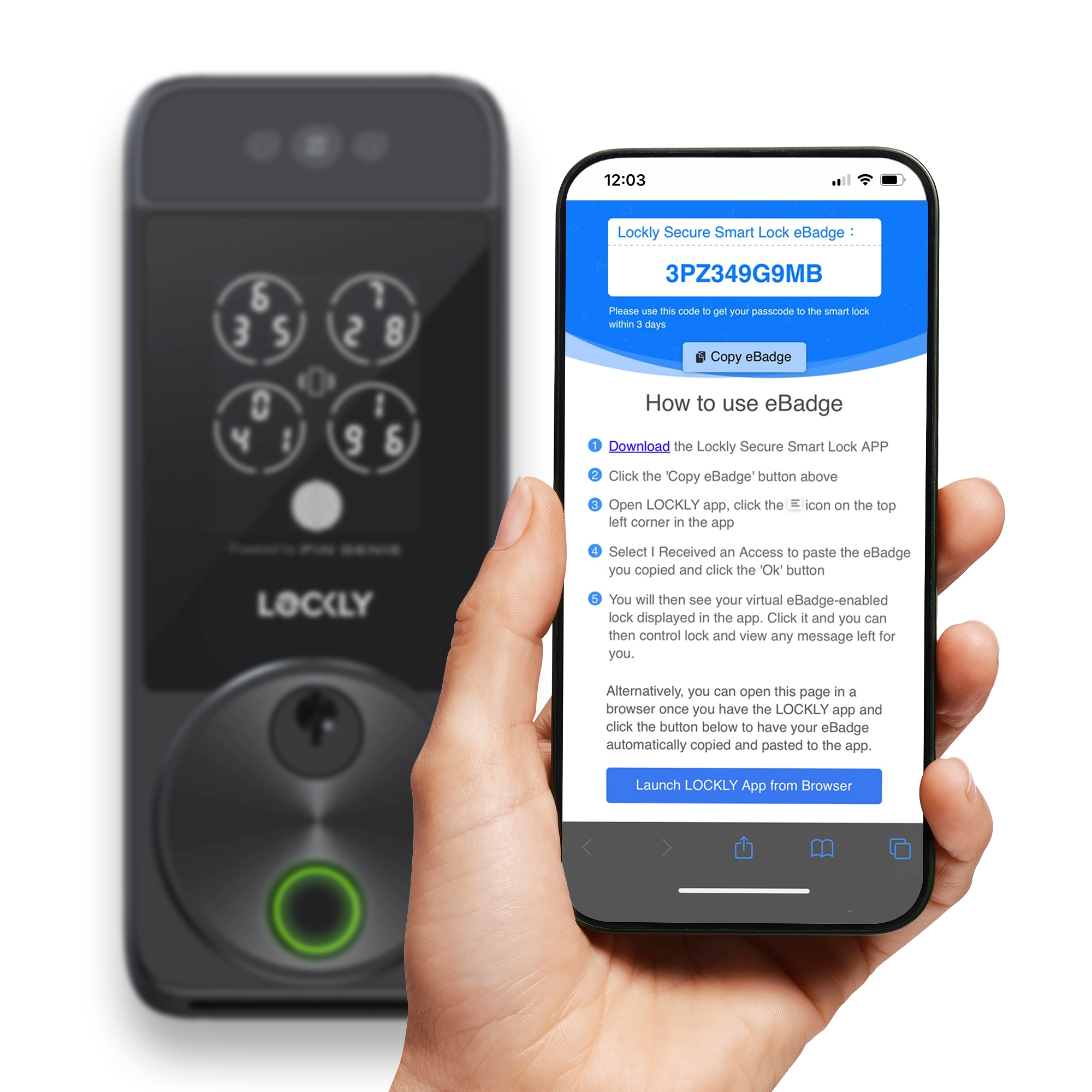 Phone screen showing Lockly Secure Smart Lock eBadge