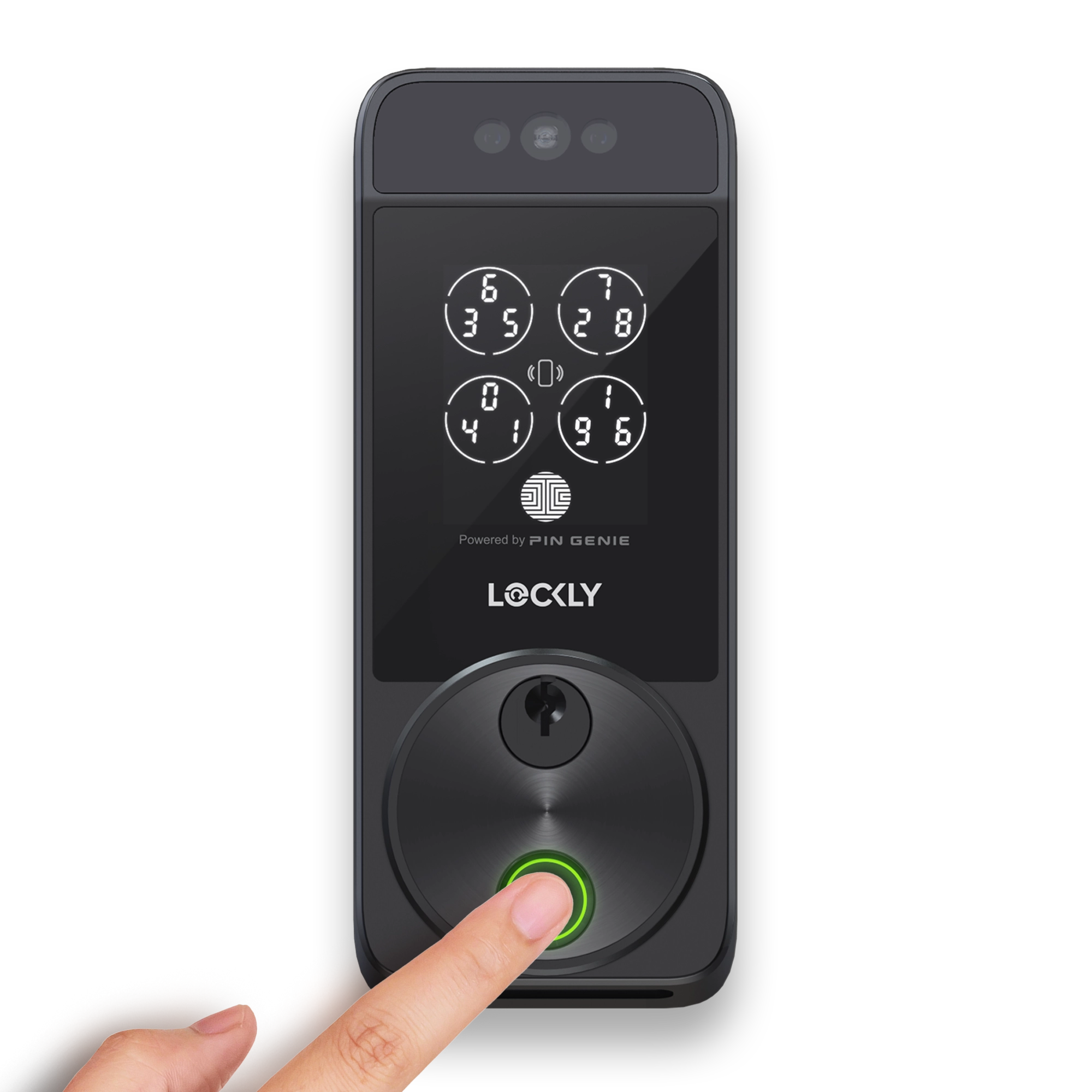 A person's finger using the touch lock on the Lockly Smart Lock