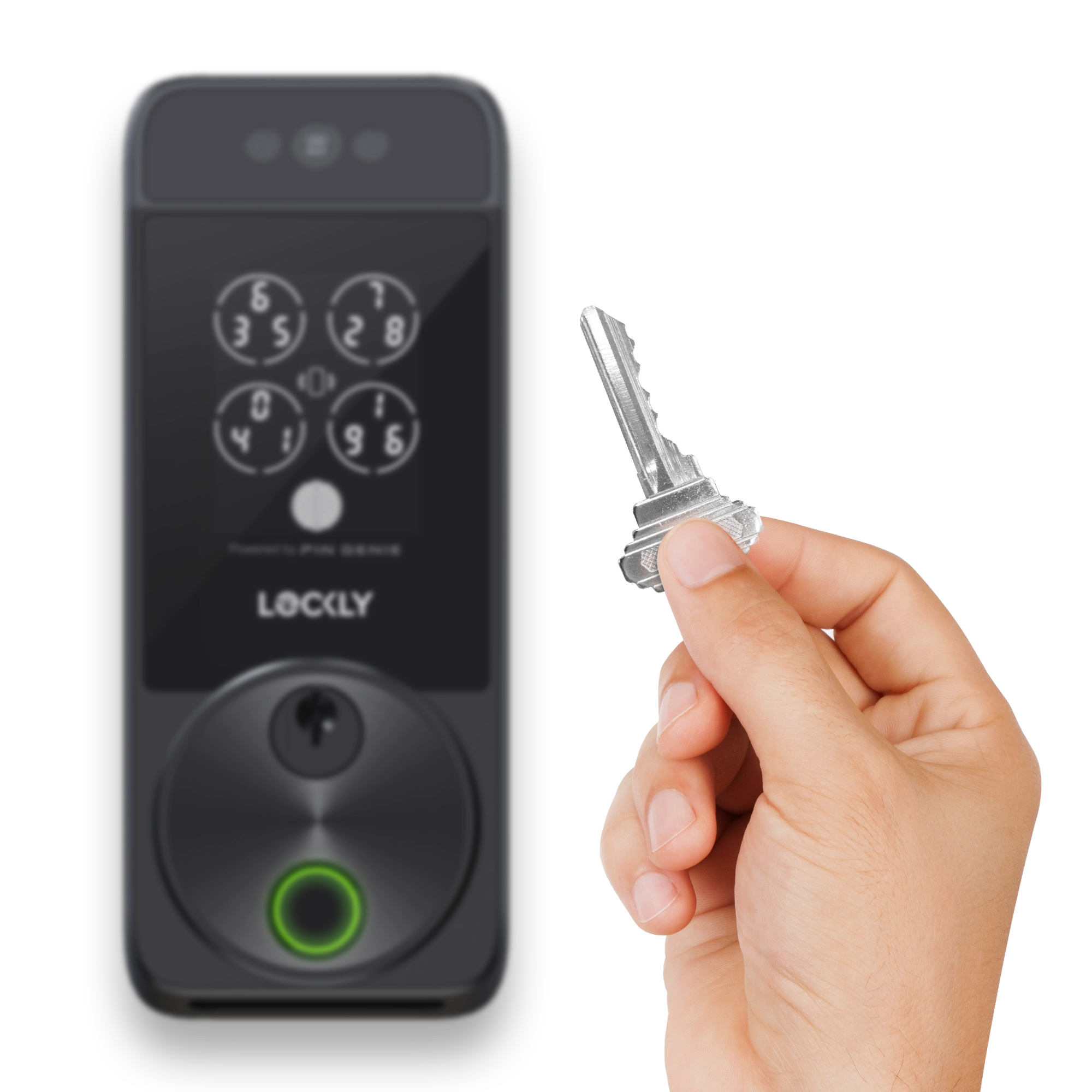Person holding a key in front of a Lockly Smart Lock