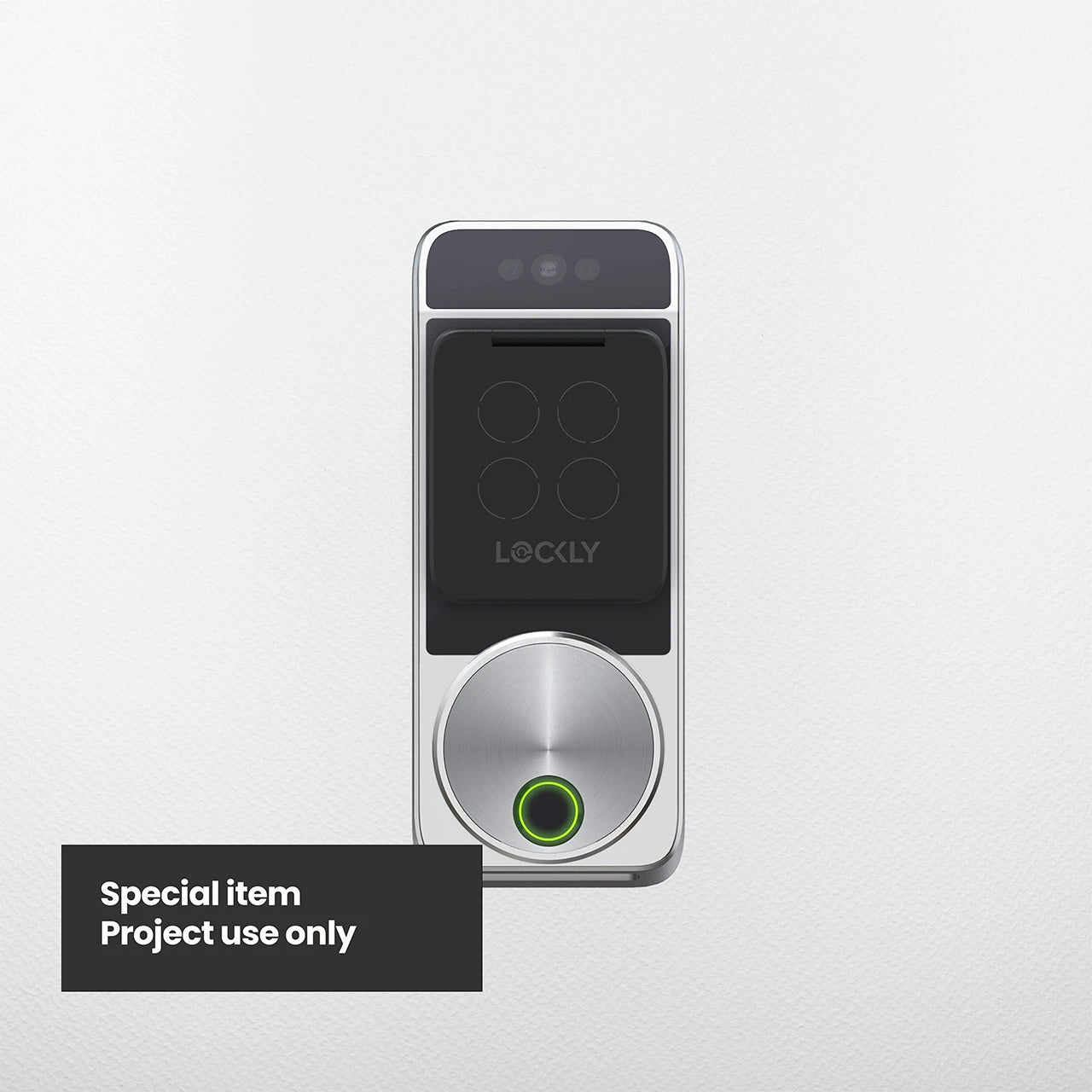 Smart door lock with digital display on a light gray background