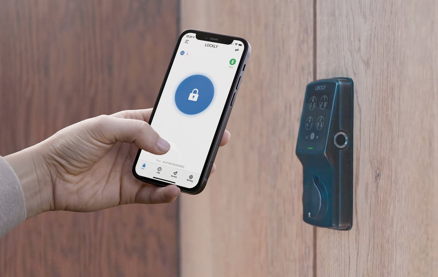 A person using the Lockly app to improve residential security.